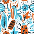 Vector Summer Seamless Pattern with Bugs and Leaves