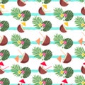 Vector summer seamless pattern with coconut cocktail, tropical leaves, flowers. Royalty Free Stock Photo
