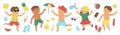 Vector summer set with children in swimming suits with beach objects. Cute happy kids collection. Fun sea holidays illustration. Royalty Free Stock Photo