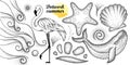 Vector summer set in dotwork style. Dotted whale, flamingo, waves, seashell, starfish, pebble, swirl in black isolated on white. Royalty Free Stock Photo