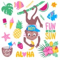 Vector summer set with funny monkey, tropical leaves and flowers