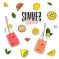Vector summer set with lemonade jar, lemons, mint, ice cubes and oranges. Fresh liquid stickers. Advertising details. Healthy swee