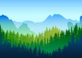 Vector summer or spring landscape. Panorama of mountains, green pine and fir-tree forest. Royalty Free Stock Photo