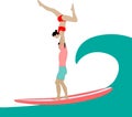Vector summer time flat illustration of tandem surfing Royalty Free Stock Photo