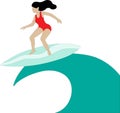 Vector summer time flat illustration woman of big wave surfing Royalty Free Stock Photo