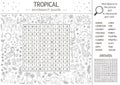 Vector summer wordsearch puzzle. Keyword with tropical animals and birds for children. Educational black and white jungle