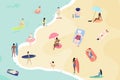 Vector summertime cartoon illustration. People on the beach. Sunbathing, talking, surfing and swimming in sea or ocean Royalty Free Stock Photo