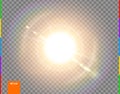 Vector sun. Glow transparent sunlight special lens flare light effect. Isolated flash rays and spotlight. Golden front translucent Royalty Free Stock Photo