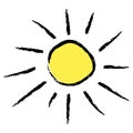 Vector sun illustration, creative yellow icon for warm or hot weather design, bright sunburst, hand drawn