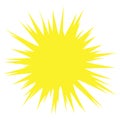 Vector sun illustration, creative yellow icon for warm or hot weather design, bright sunburst