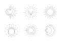 Vector sun and moon line design. Outline suns symbols, moon element icon set isolated on white background