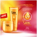 Vector sun protection cosmetic products, sun care. 3D illustration. Mock up for magazine or ads