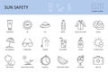 Vector sun protection and safety skin icons. Editable Stroke. Sunscreen long-sleeve shirt sunglasses. Hat cream water cold drink Royalty Free Stock Photo