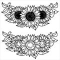 Vector sunflowers decor. Sunflowers outline style hand drawn graphic illustration isolated on white background for print or design Royalty Free Stock Photo