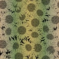 Vector Sunflowers in Yellow Green Ombre Scattered on Black Background Seamless Repeat Pattern. Background for textiles