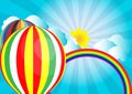 Vector sunlight on cloud with hot air balloon and rainbow