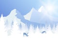 Vector sunny winter forested landscape in blue color with grazing deer and mountains.