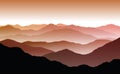 Vector sunset or dawn landscape with misty red and orange silhouettes of mountains and hills Royalty Free Stock Photo