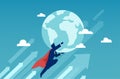 Super hero businessman flying and holding earth