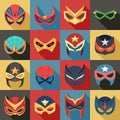 Vector Super Hero Masks Set in Flat Style with Long Shadow. Face Character, Superhero Comic Book Mask Collection Royalty Free Stock Photo