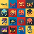 Vector Super Hero Masks Set in Flat Style with Long Shadow. Face Character, Superhero Comic Book Mask Collection Royalty Free Stock Photo