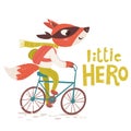 Vector card with Little hero lettering and fox character riding a bike.