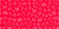 Vector supermarket shop fast food pattern. Food and goods seamless red background