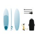 Vector surf sup board with three sides. Surfboard, paddle, pump and surfbag.