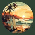 Vector: Surfboards on a sandy beach with palm trees and sea waves in the background. Sunset colors, retro style Royalty Free Stock Photo