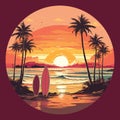 Vector: Surfboards on a sandy beach with palm trees and sea waves in the background. Sunset colors, retro style Royalty Free Stock Photo