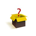 Vector Surprise Box, Open Package with Question Mark, Black and Yellow Object and Red Colorful Symbol. Royalty Free Stock Photo