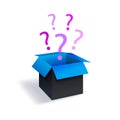 Vector Surprize Box, Black and Blue Box with Magenta Question Marks Isolated on White Backgroud.