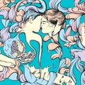 Vector surreal illustration with kissing lovers Royalty Free Stock Photo