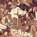 Vector surreal illustration with kissing lovers