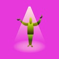 Vector surrealistic funny character making announce in the circle of light with a gesture his hands. Vector illustration logo