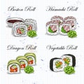 Vector sushi color sketch, set Royalty Free Stock Photo