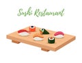 Vector sushi set on wooden tray for japanese restaurant Royalty Free Stock Photo