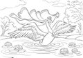 Vector - Swan princess with opened wings on a lake with water lilies. Coloring book illustration