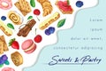 Vector sweet background, banner with pastry and dripping cream on blue. fresh bakery illustration. berries, desserts and melted