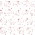 Vector Sweet Elephants with Jasminum Flowers in Dusty Pinks seamless pattern background.