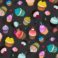 Vector sweet food pattern. Cupcake delicious dessert, Sweet decorated cakes with muffin. Cartoon wallpaper texture