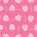 Vector sweet pink hand drawn strawberries on bright cute pink ground seamless pattern background