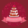 Vector Sweetest Day card. Big Cake on pink.