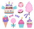 Vector sweets set. Cute rainbow colored cake, ice cream, lollypop, cotton candy, donuts, cupcakes with unicorn horn, stars and Royalty Free Stock Photo