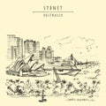 Vector Sydney, New South Wales, Australia touristic postcard. Famous Opera House. Australian travel sketch drawing. Vintage travel