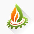 Vector symbol fire with gear. Orange and green flame glass icon Royalty Free Stock Photo