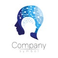 Vector symbol of human head. Profile face. Blue color isolated on white background. Concept sign for business, science