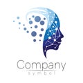 Vector symbol of human head. Profile face. Blue color isolated on white background. Concept sign for business, science