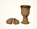 Vector symbols of Communion. Broken bread and wine in bowl