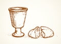 Vector symbols of Communion. Broken bread and wine in bowl